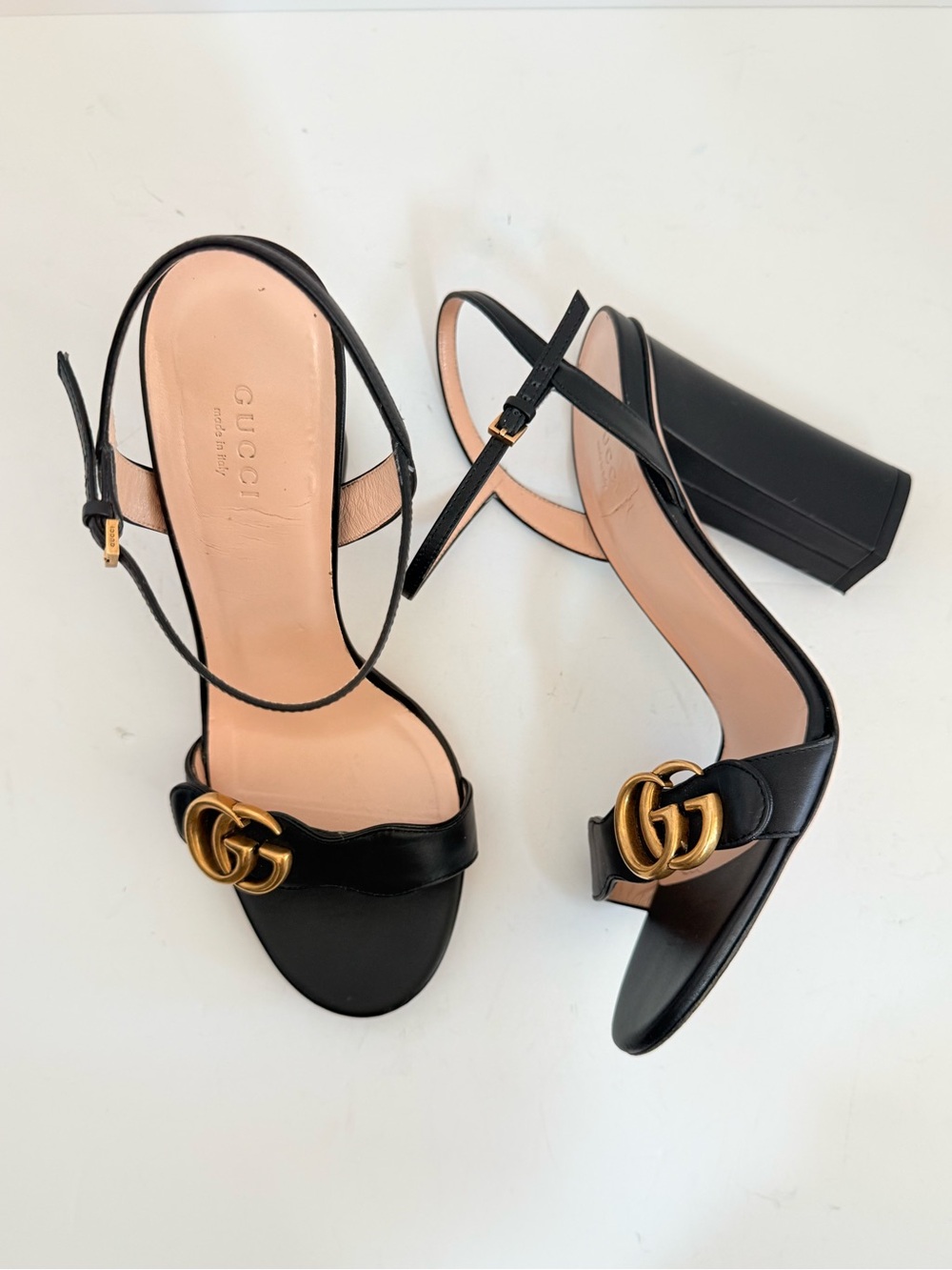 Gucci GG Marmont Black Leather Block Heel Gold GG ankle strap sandals EU 40